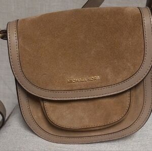 Michael Kors Tan Suede Crossbody Saddle Bag with Gold Logo